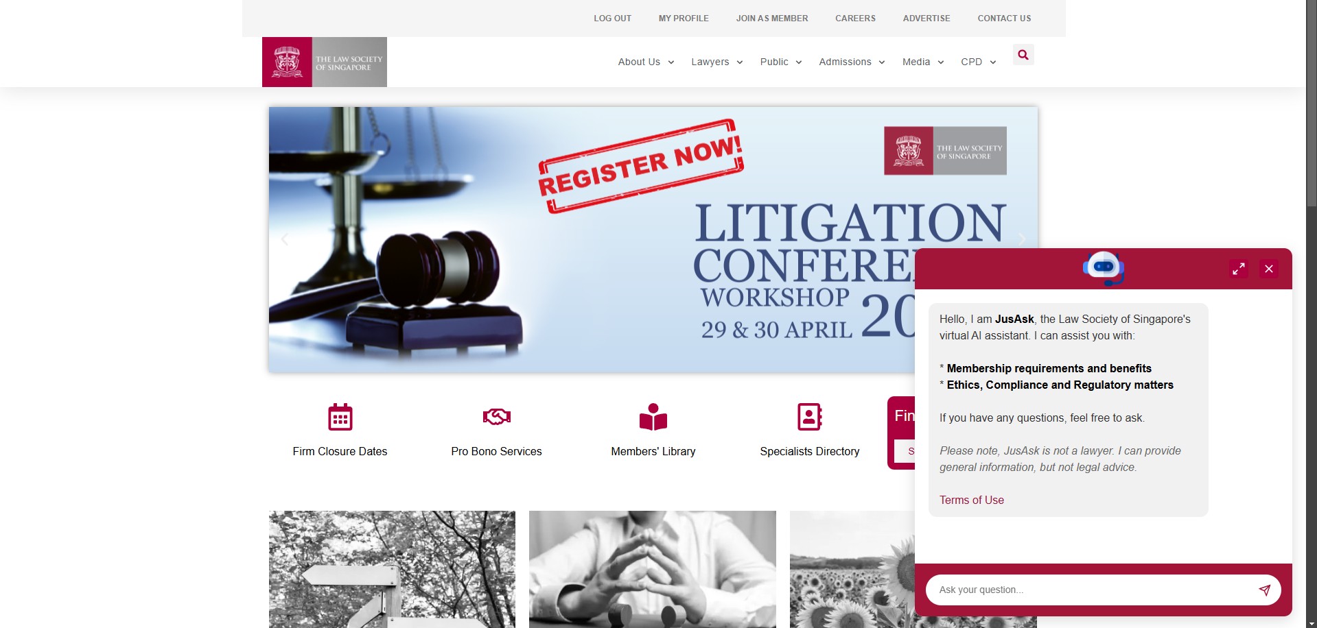 Law Society of Singapore member website with the legal AI assistant open