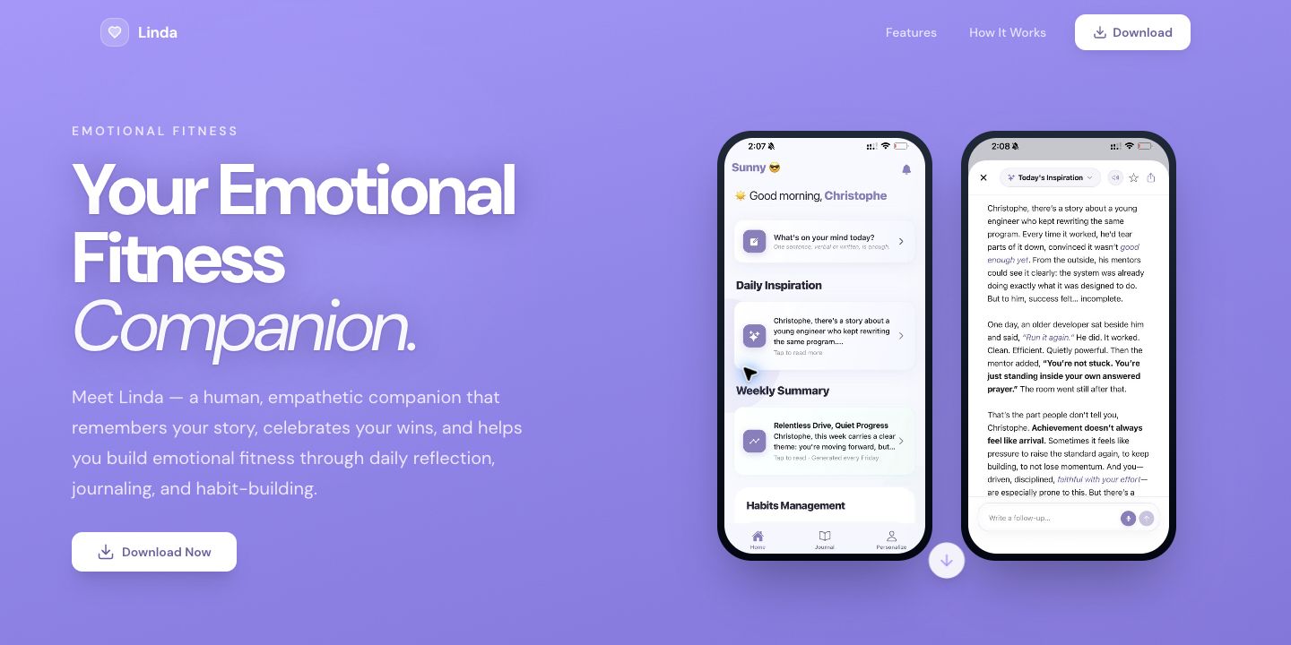 Official Linda website hero showing the emotional-fitness companion and app screens