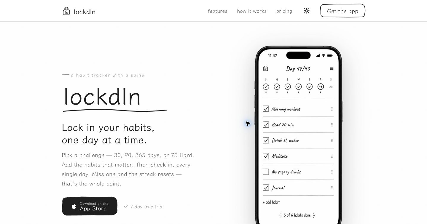 Official lockdln website hero showing the habit tracker and daily check-in screen