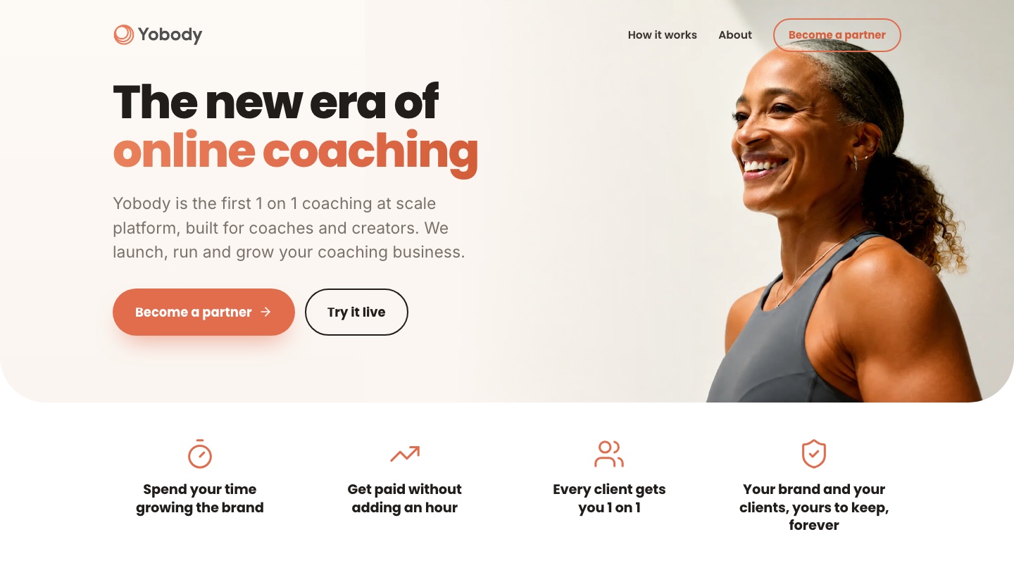 Official YoBody website hero for the 1 on 1 coaching at scale platform